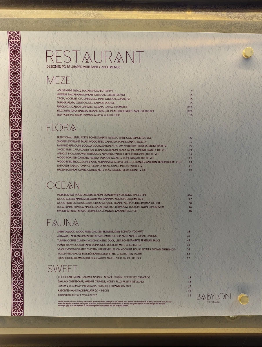 Menu, Babylon Brisbane