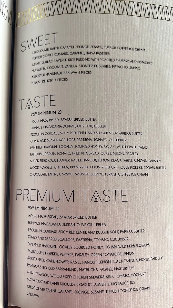 Menu, Babylon Brisbane