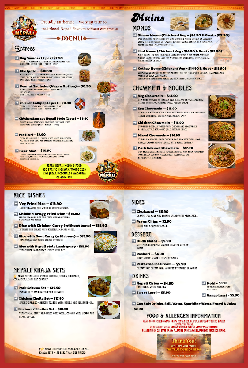 Menu, Jerry Nepali Momo & Food
