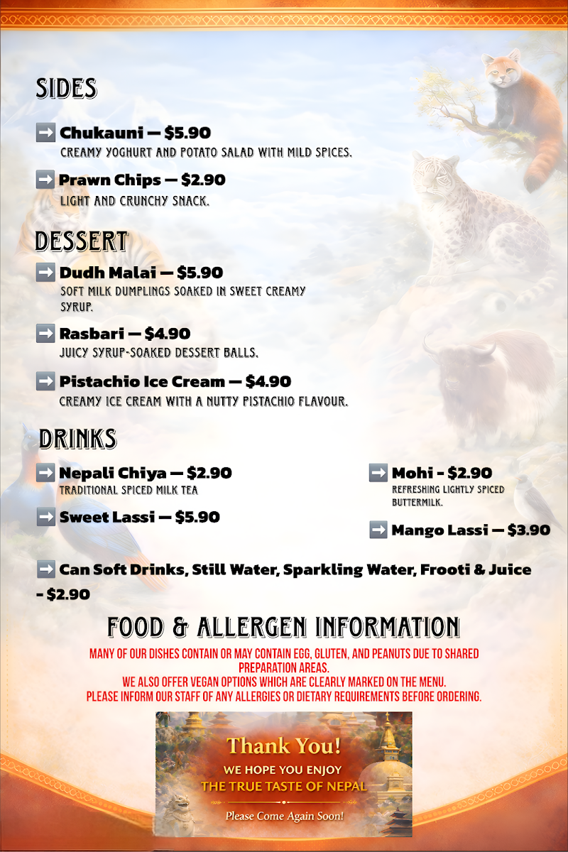 Menu, Jerry Nepali Momo & Food