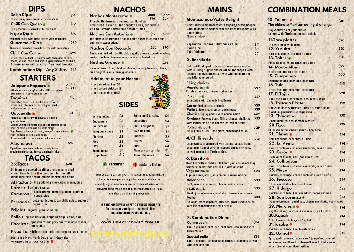 Menu, The Aztec Coolangatta