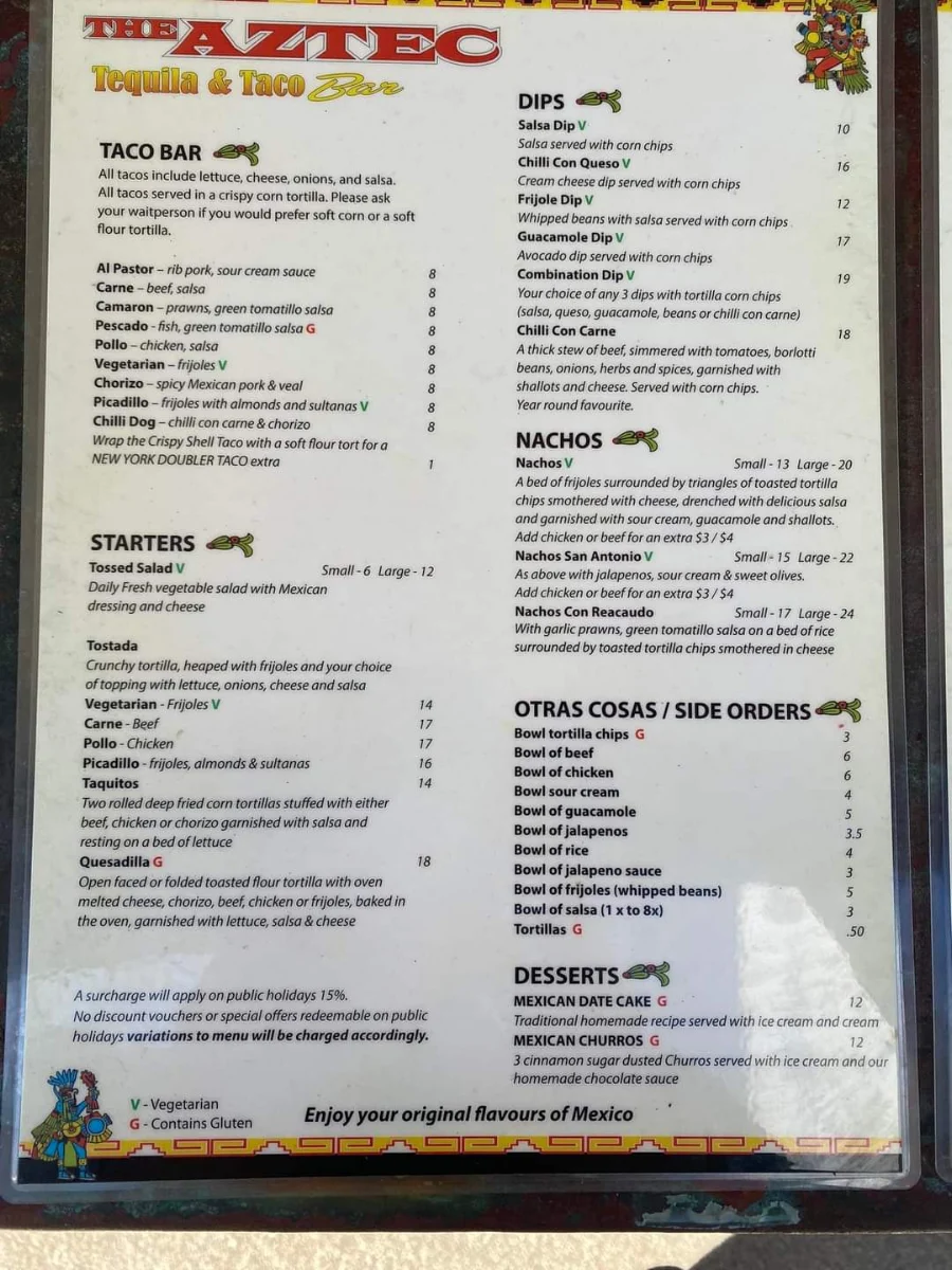 Menu, The Aztec Coolangatta