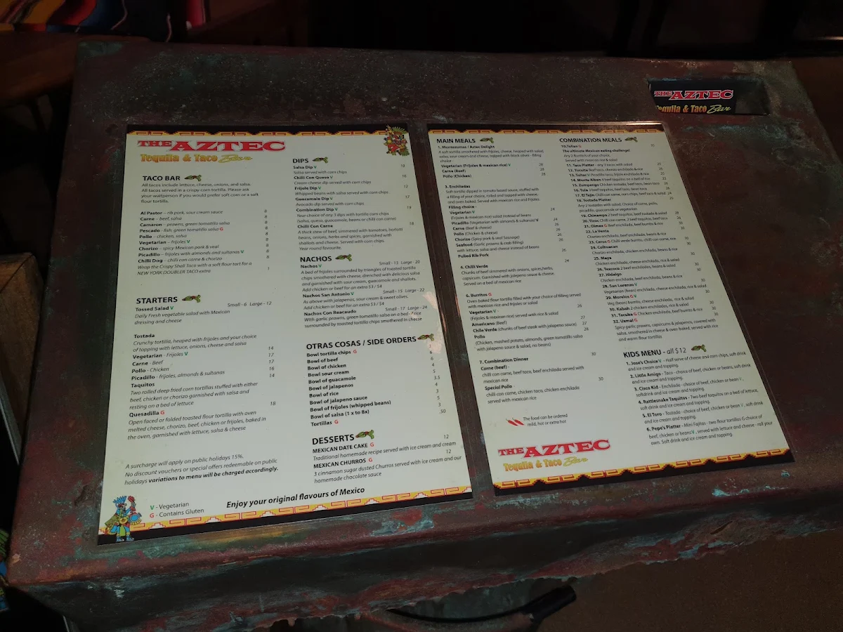 Menu, The Aztec Coolangatta