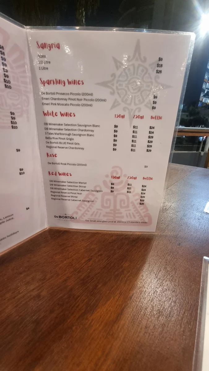 Menu, The Aztec Coolangatta