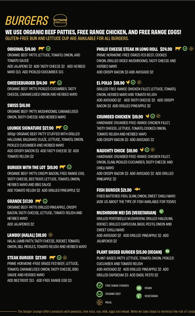 Menu, The Burger Lounge