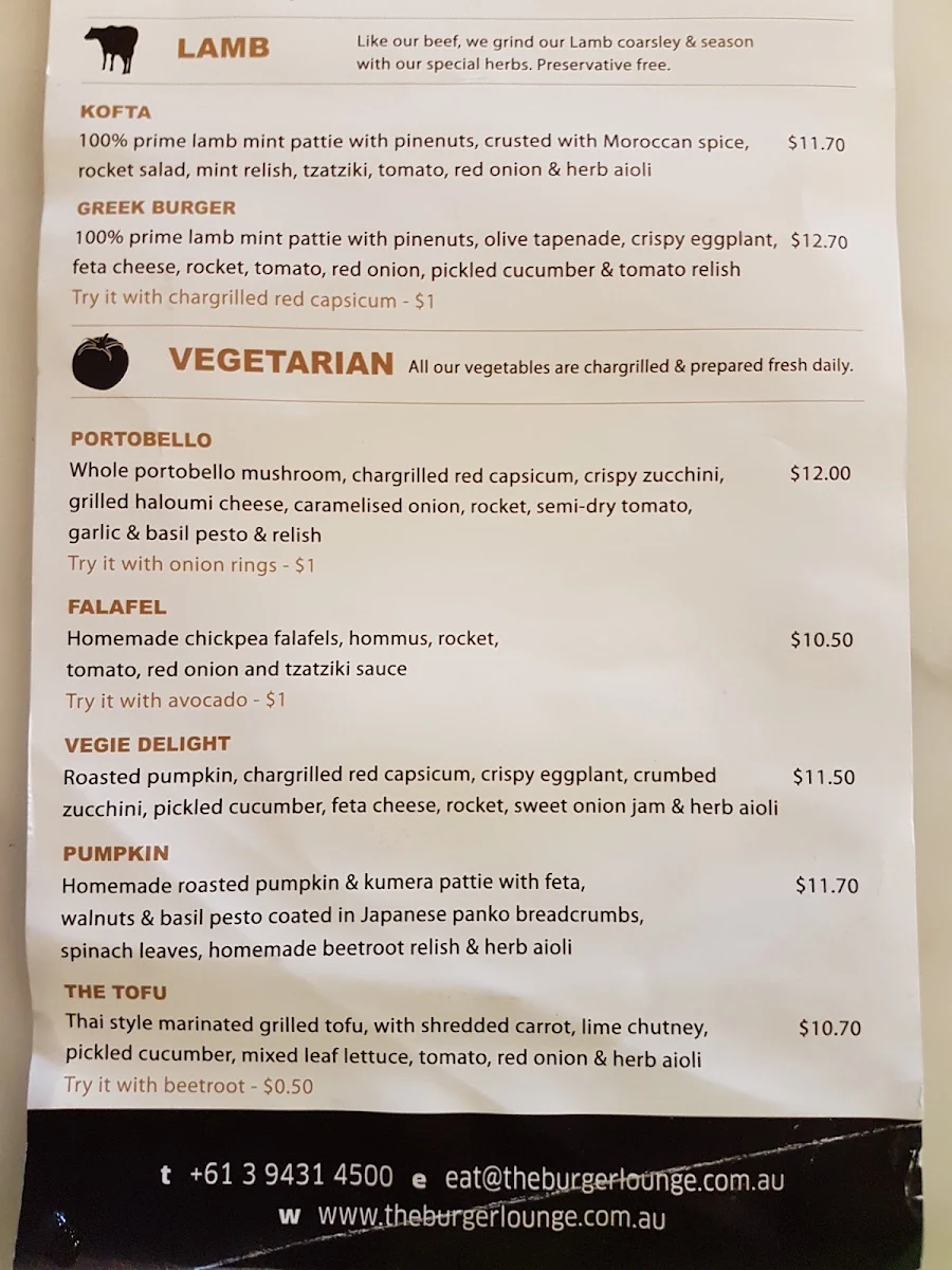 Menu, The Burger Lounge
