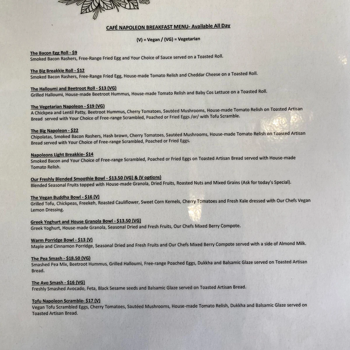 Menu, Cafe Napoleon