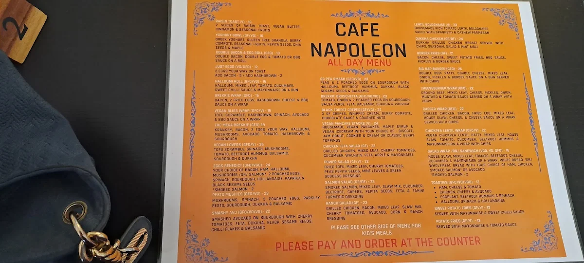 Menu, Cafe Napoleon