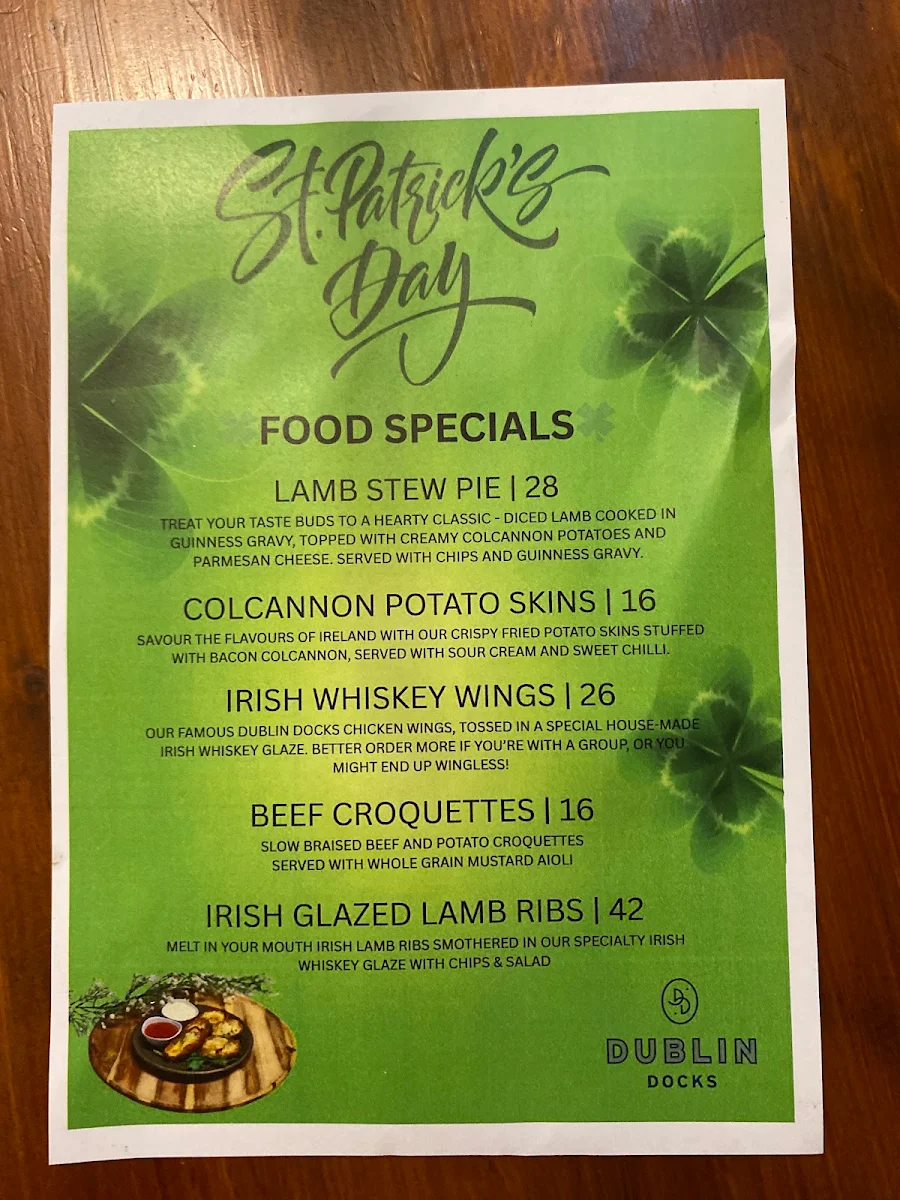 Menu, Dublin Docks Tavern