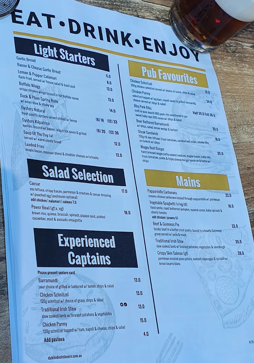 Menu, Dublin Docks Tavern