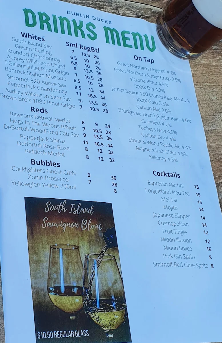 Menu, Dublin Docks Tavern