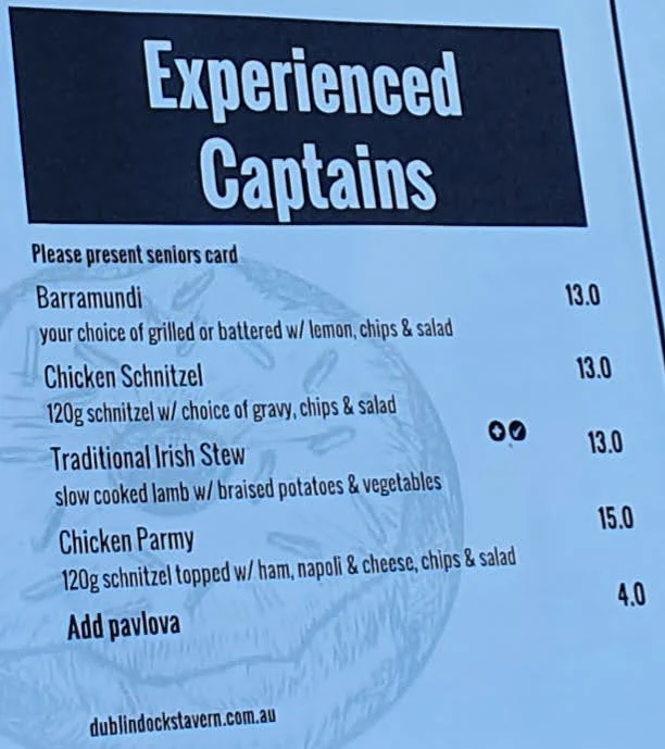 Menu, Dublin Docks Tavern