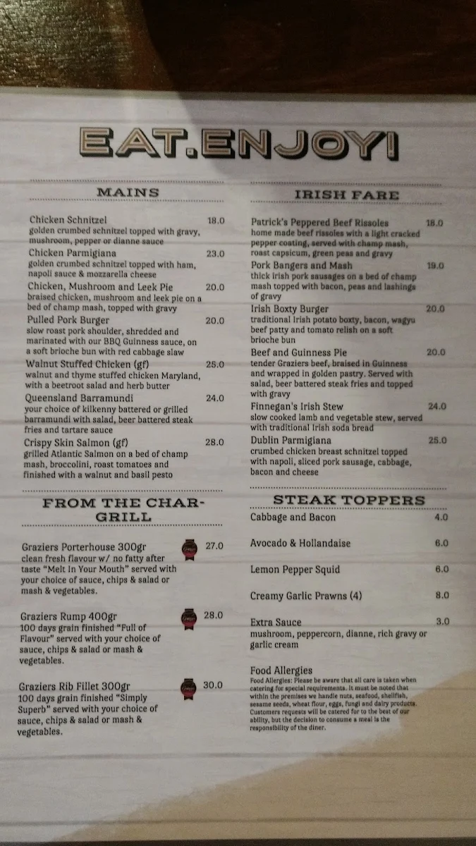 Menu, Dublin Docks Tavern