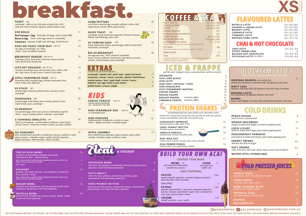 Menu, XS Espresso Jordan Springs