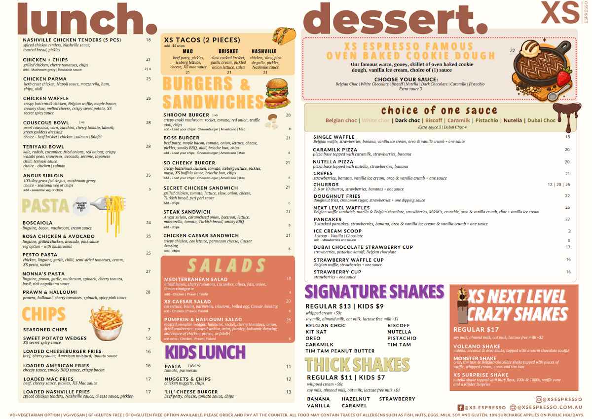 Menu, XS Espresso Jordan Springs