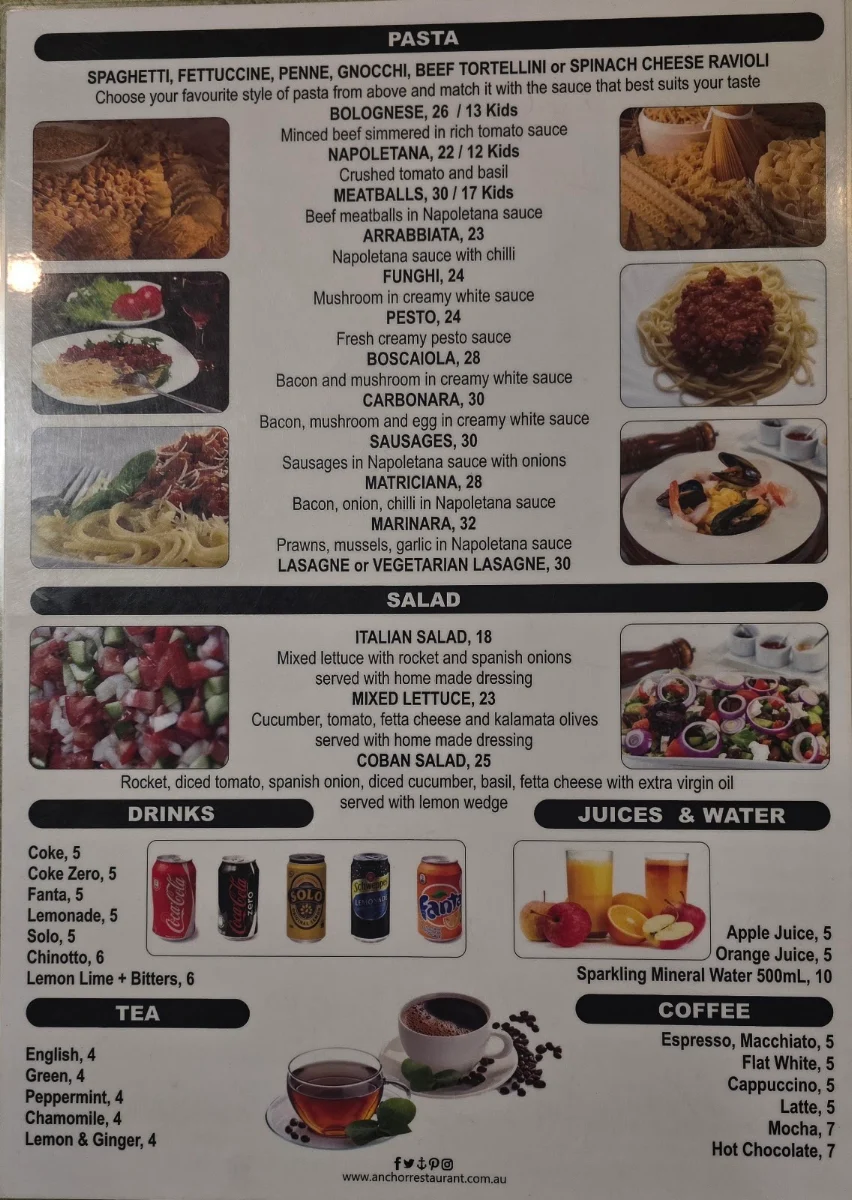 Menu, Anchor Cafe & Restaurant