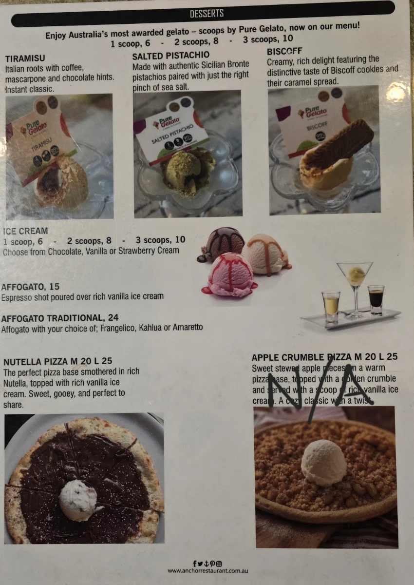 Menu, Anchor Cafe & Restaurant
