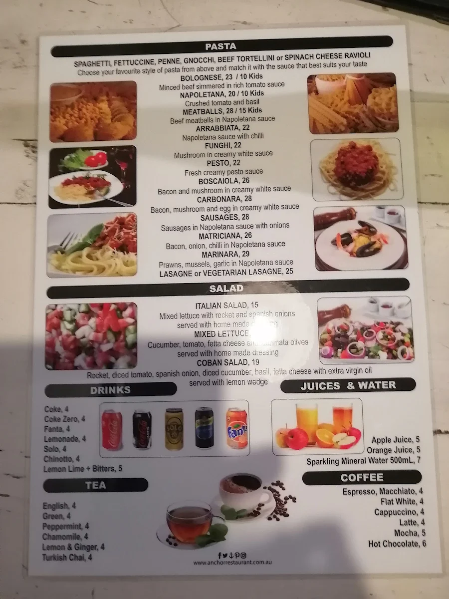 Menu, Anchor Cafe & Restaurant