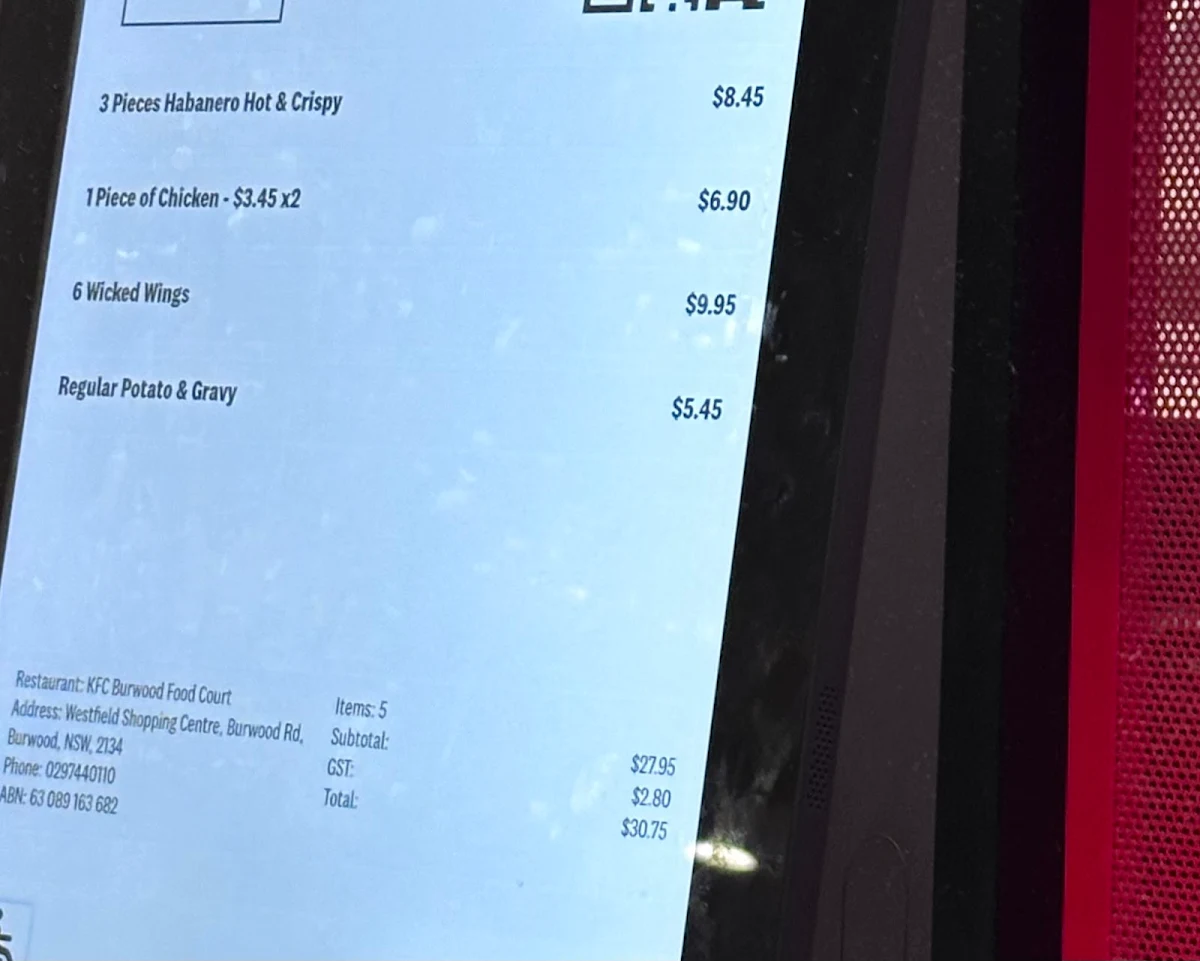 Menu, KFC Burwood Food Court