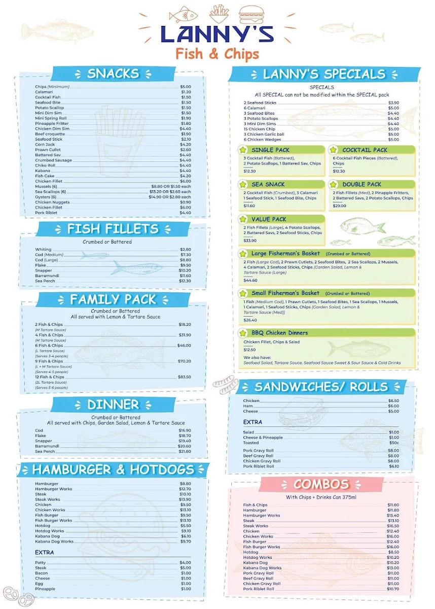 Menu, Lanny’s Fish and Chips Takeaway