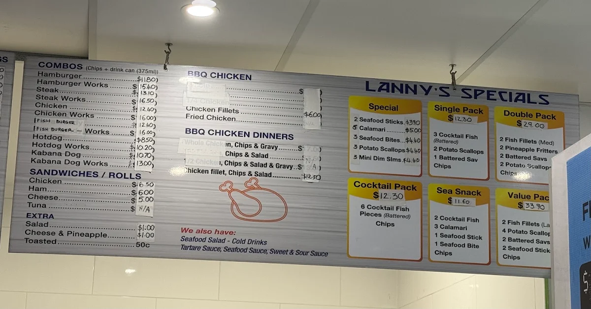 Menu, Lanny’s Fish and Chips Takeaway