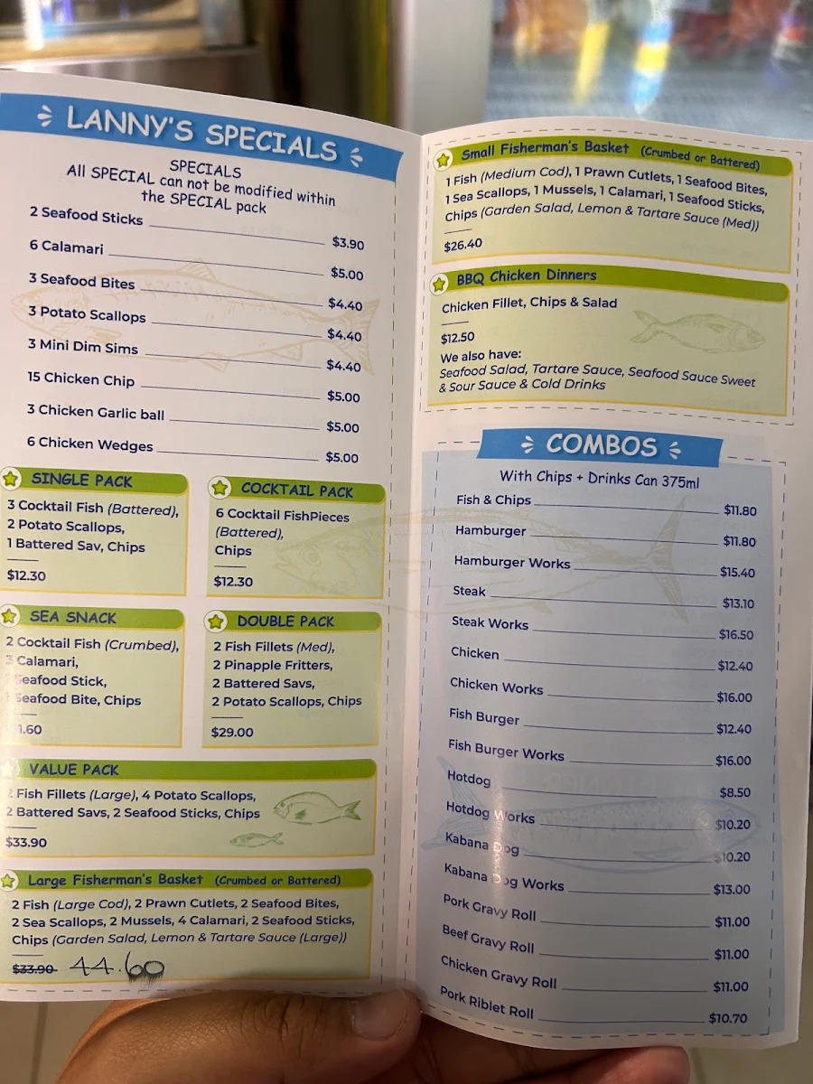 Menu, Lanny’s Fish and Chips Takeaway
