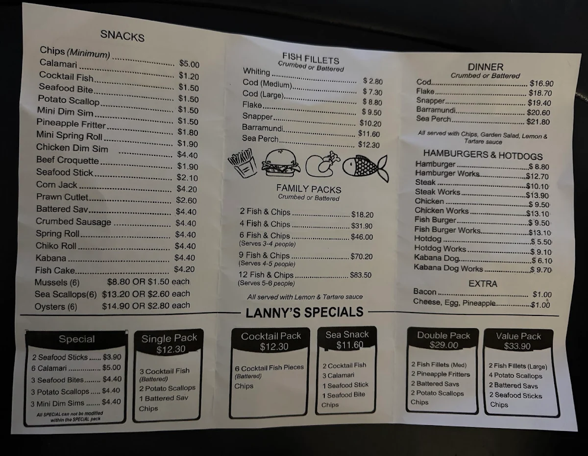 Menu, Lanny’s Fish and Chips Takeaway