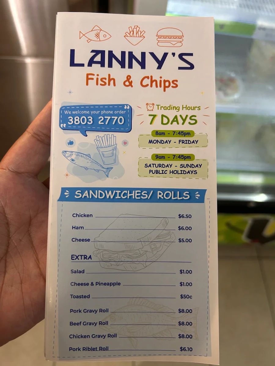 Menu, Lanny’s Fish and Chips Takeaway