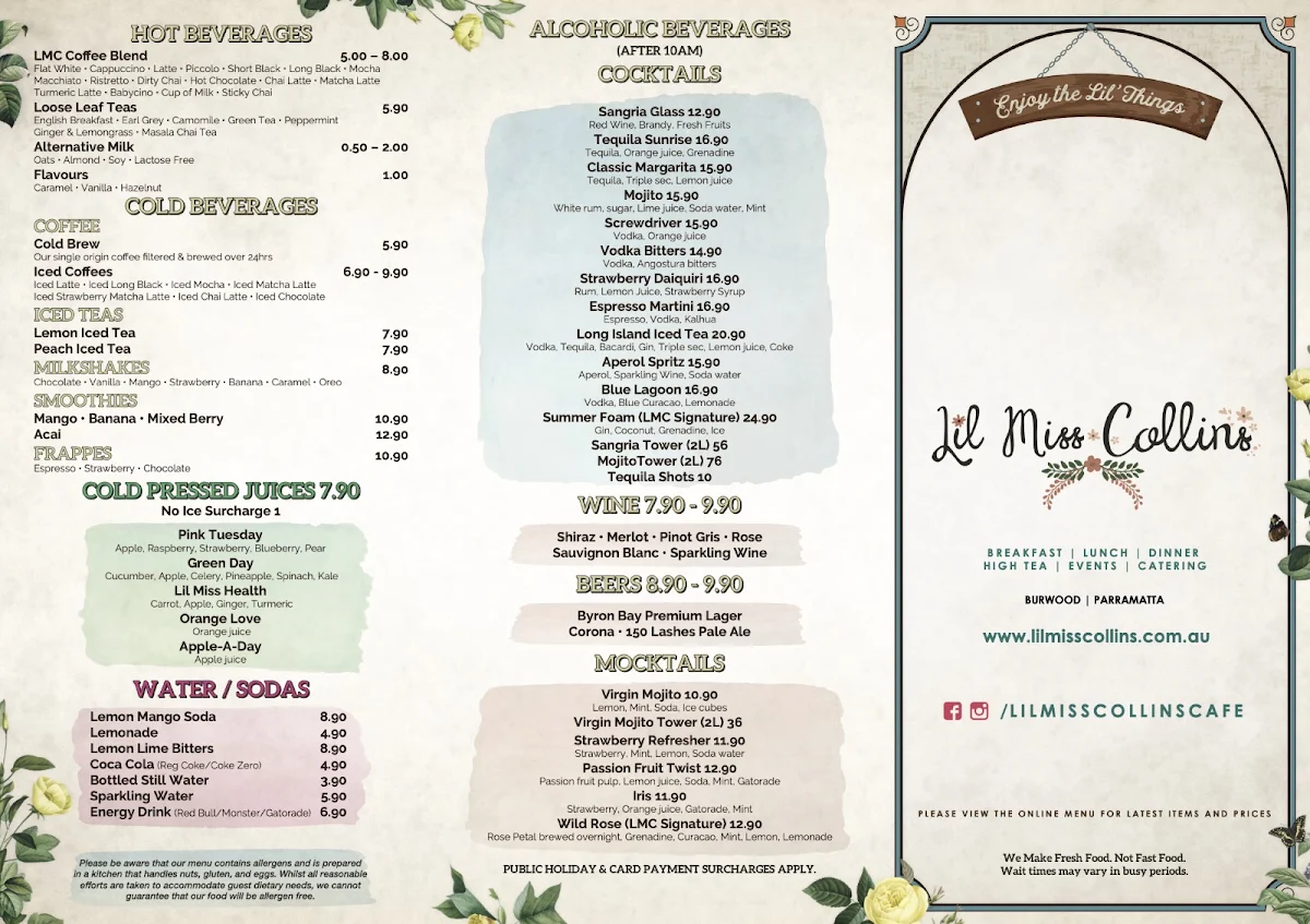 Menu, Lil Miss Collins Parramatta