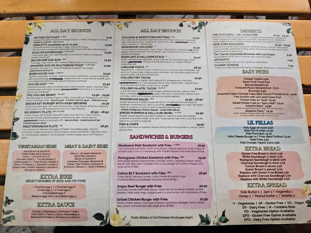 Menu, Lil Miss Collins Parramatta
