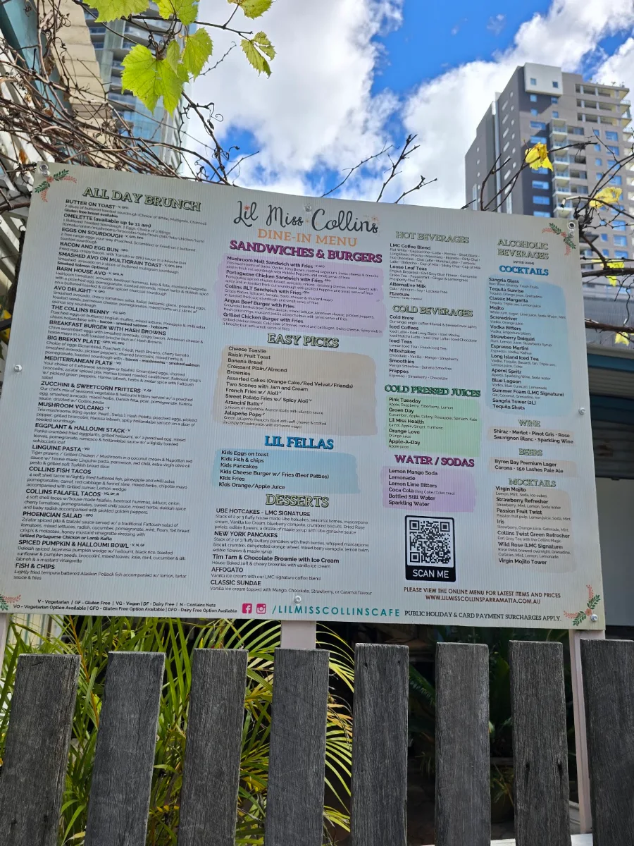 Menu, Lil Miss Collins Parramatta