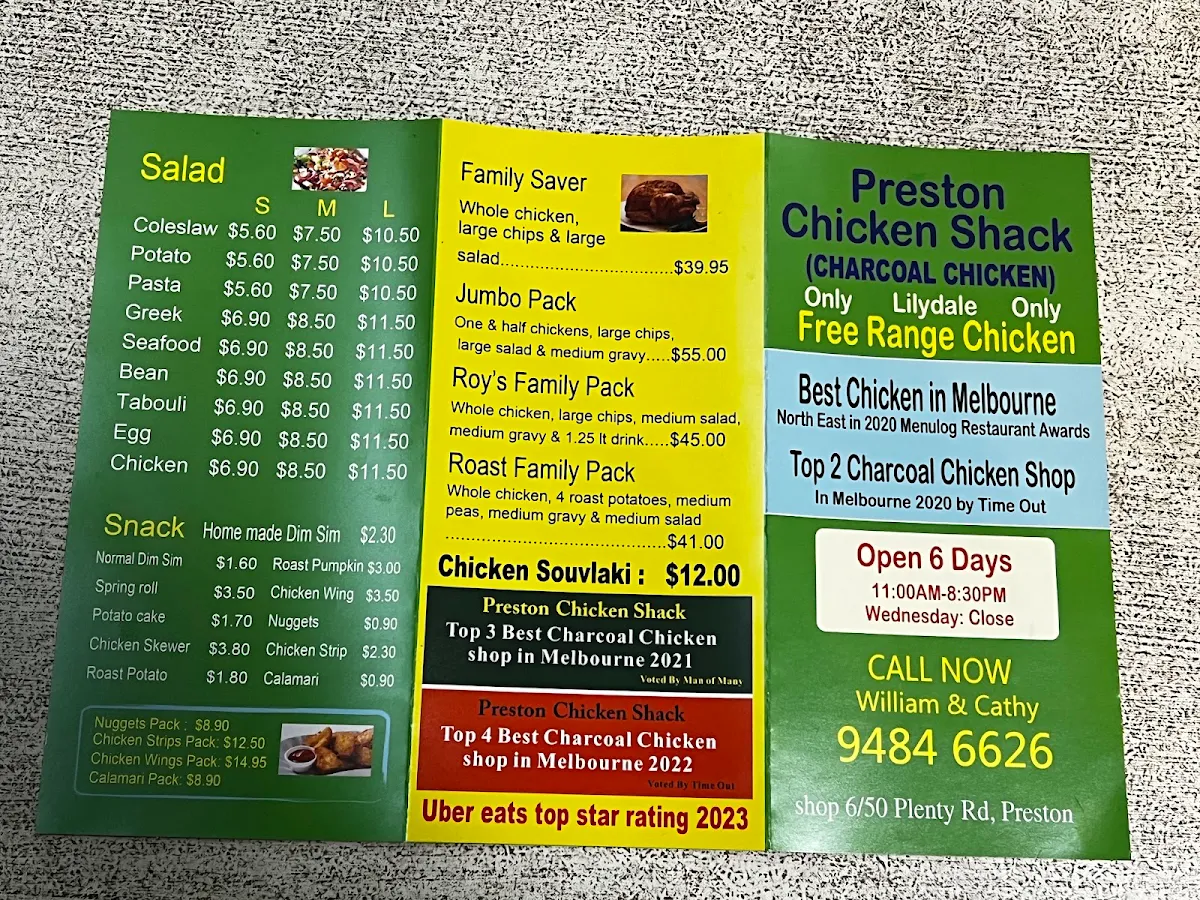Menu, Preston Chicken Shack