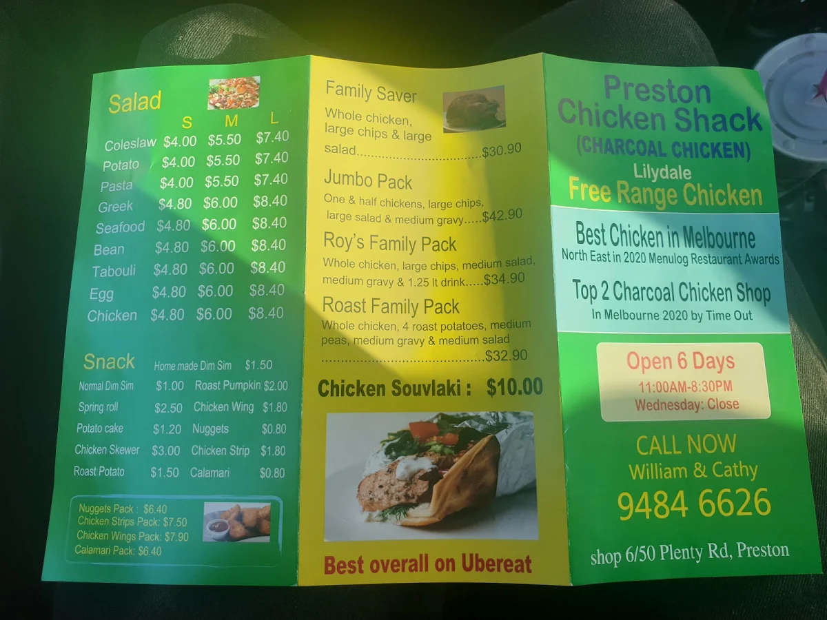 Menu, Preston Chicken Shack