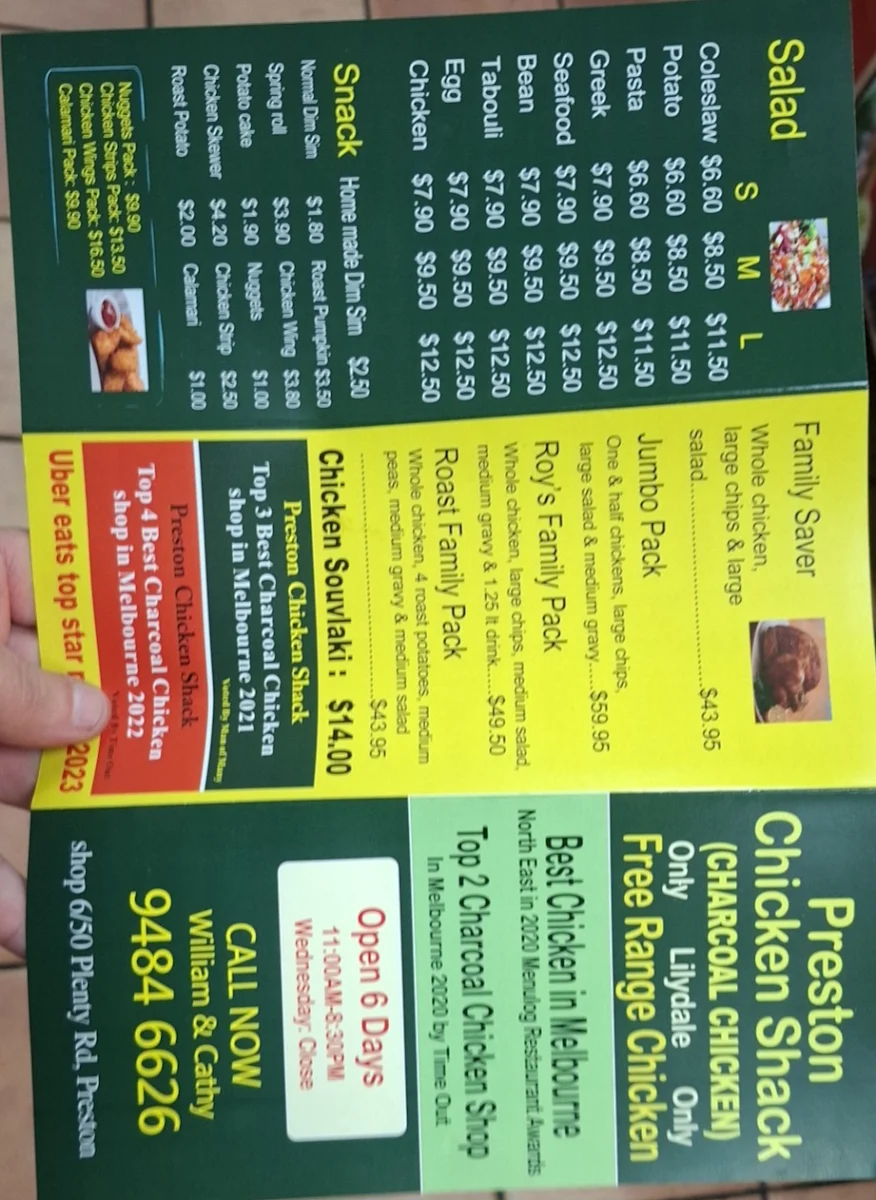 Menu, Preston Chicken Shack