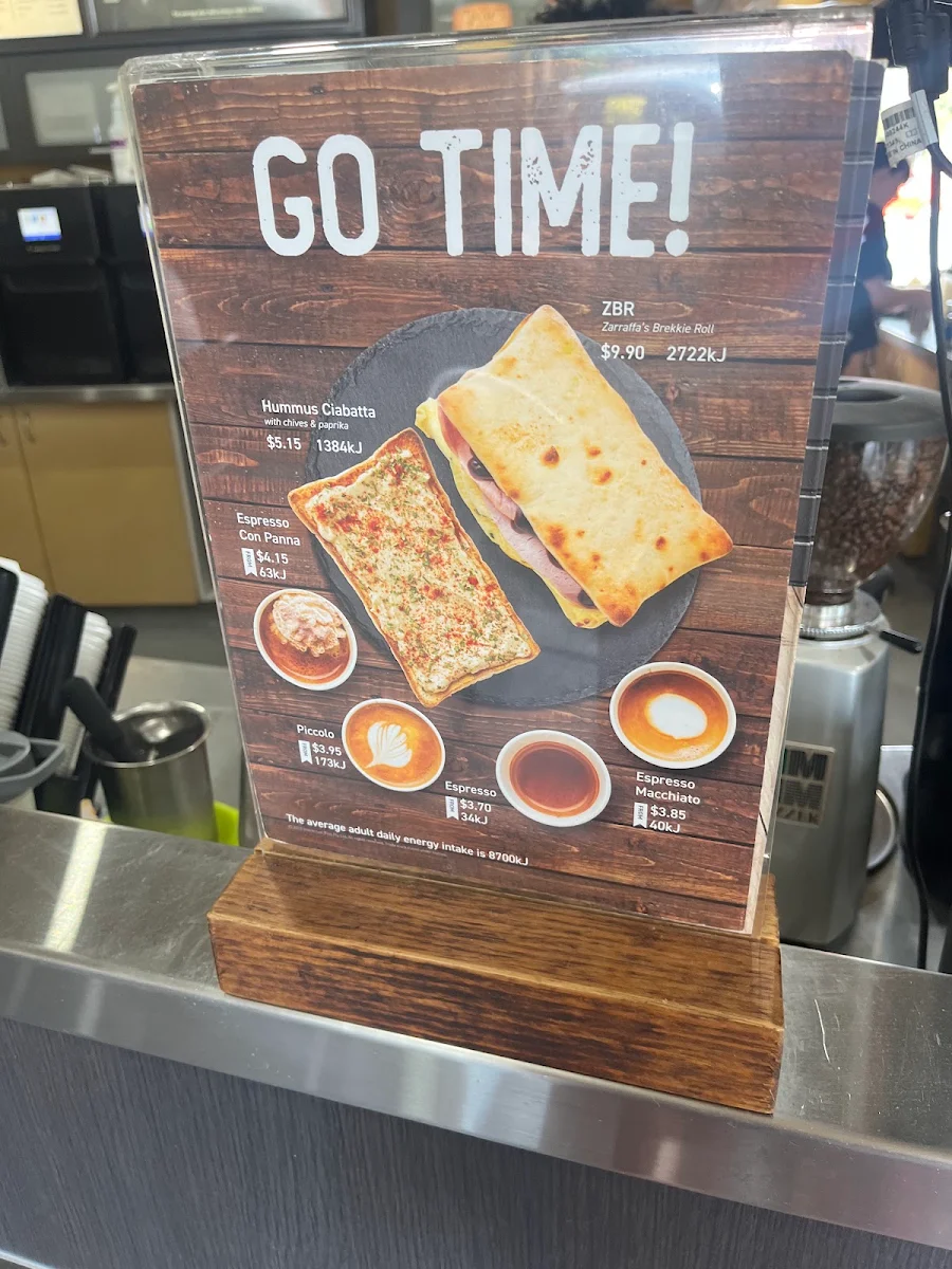 Menu, ZARRAFFA'S COFFEE Boondall