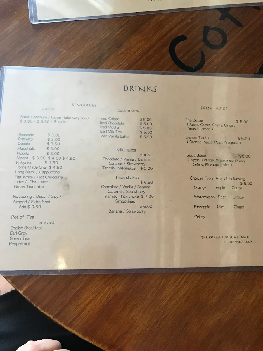 Menu, The Coffee House Allawah
