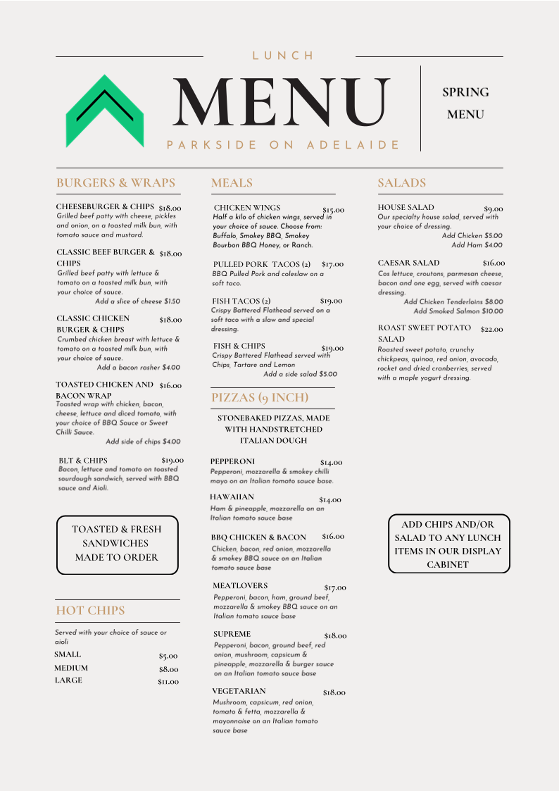 Menu, Parkside on Adelaide