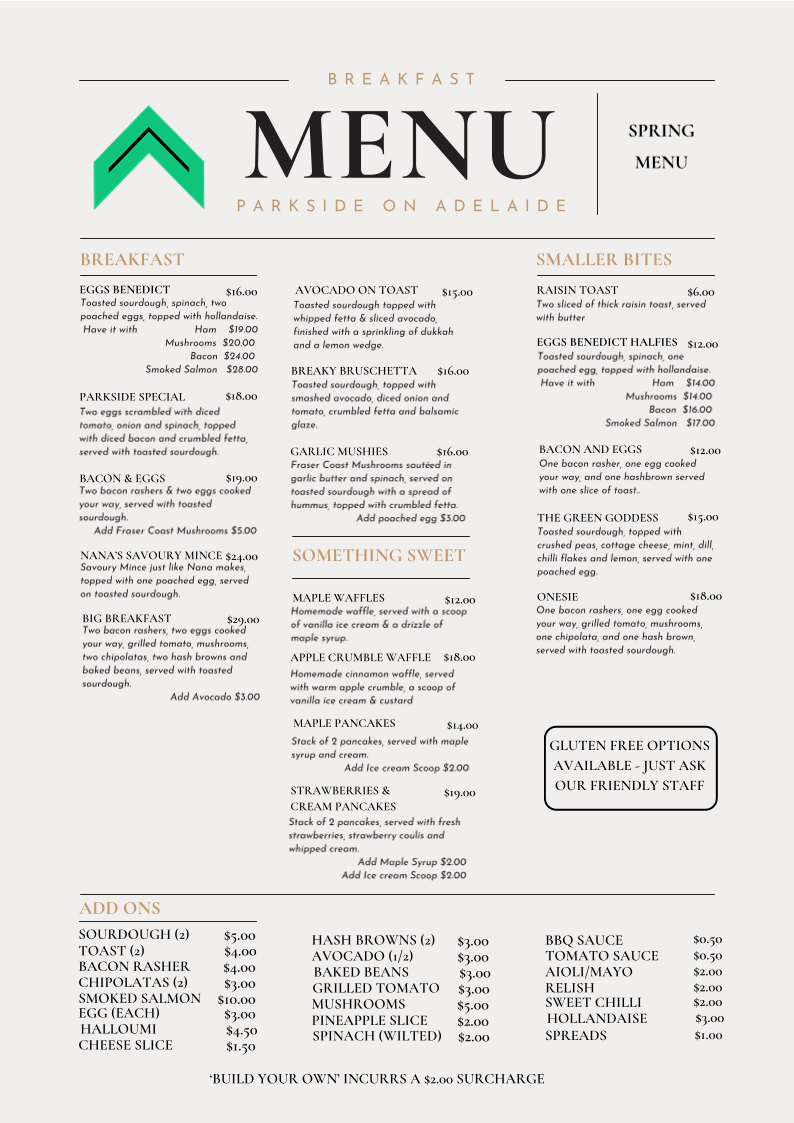 Menu, Parkside on Adelaide