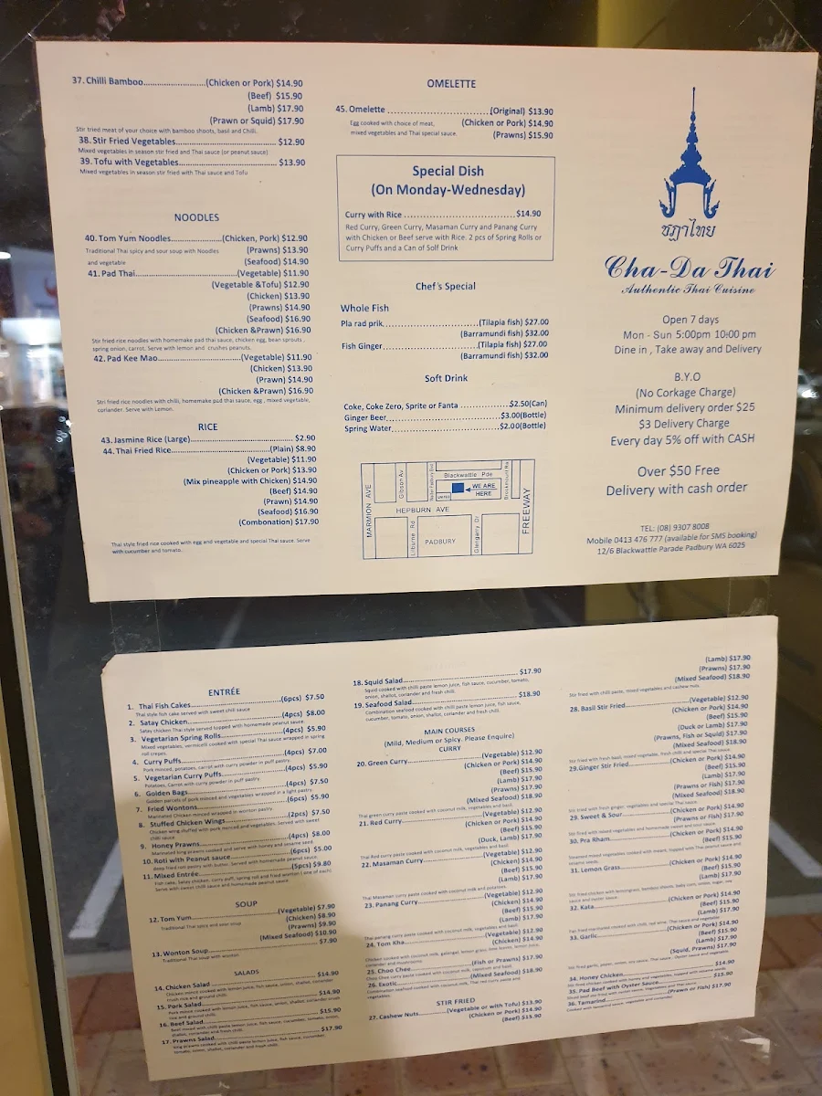 Menu, Cha-Da Thai