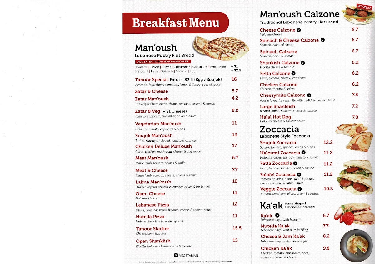 Menu, Tanoor