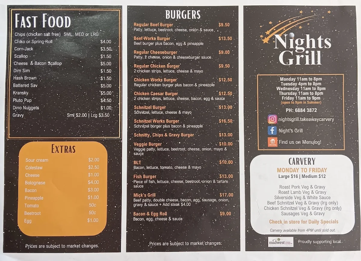 Menu, Nights' Grill