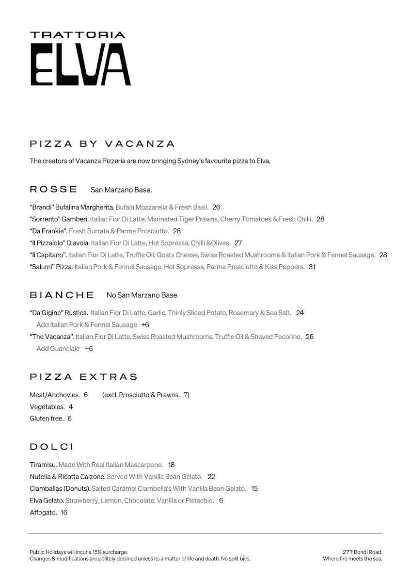Menu, Trattoria Elva