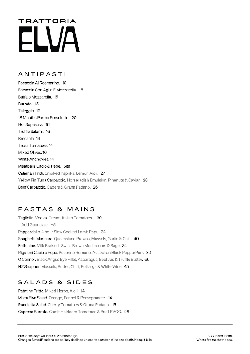 Menu, Trattoria Elva