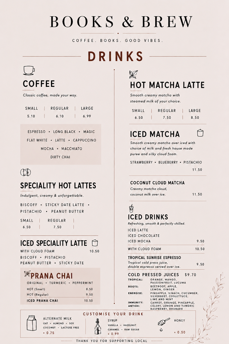 Menu, Books & Brew Cafe