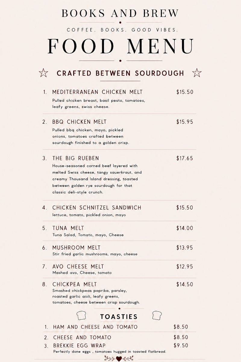 Menu, Books & Brew Cafe