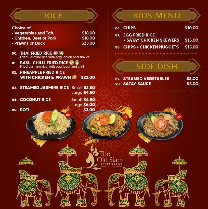 Menu, The Old Siam Restaurant