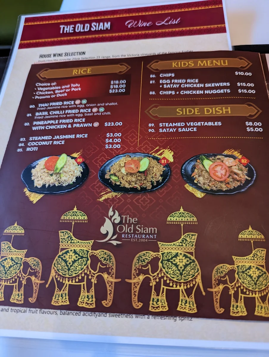 Menu, The Old Siam Restaurant