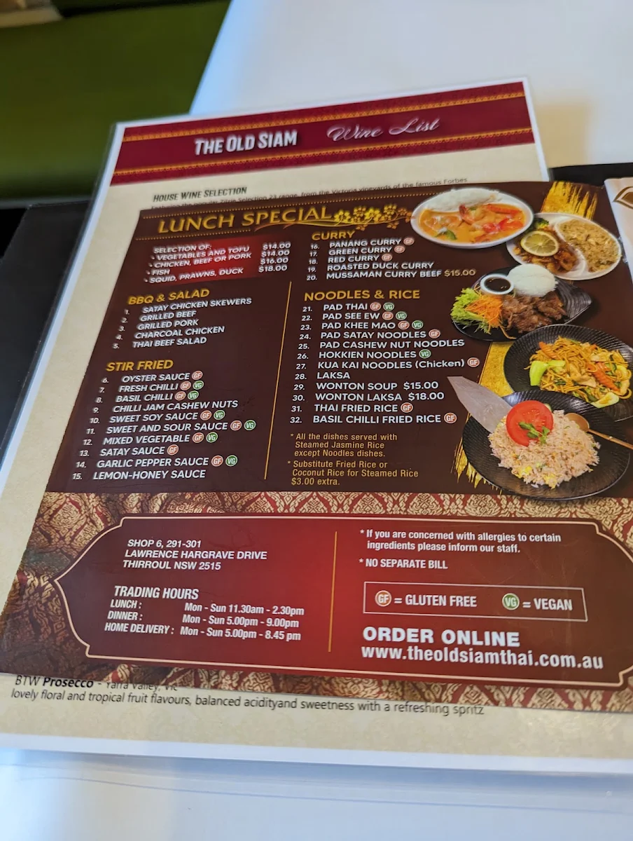 Menu, The Old Siam Restaurant