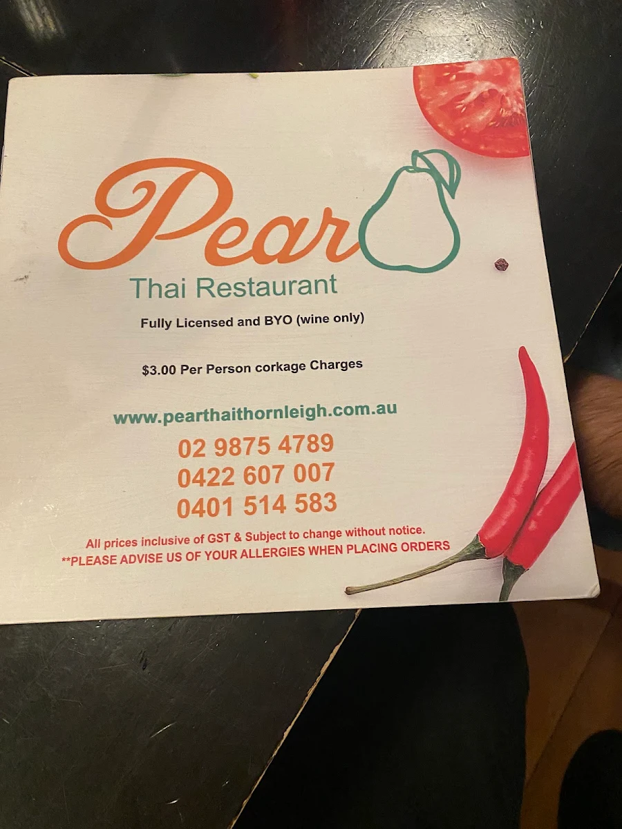 Menu, Pear Thai Restaurant