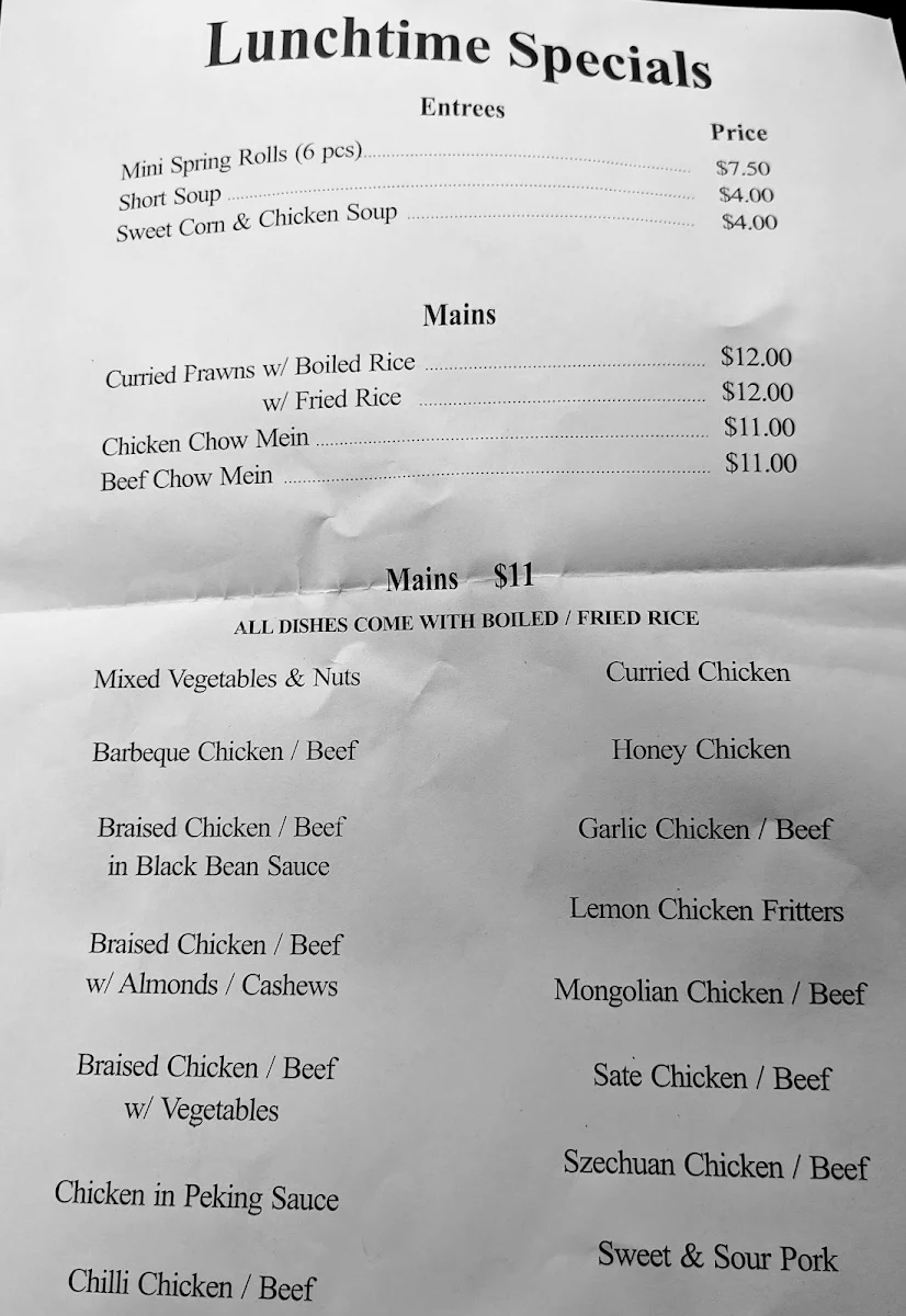 Menu, Golden Inn Chinese Restaurant